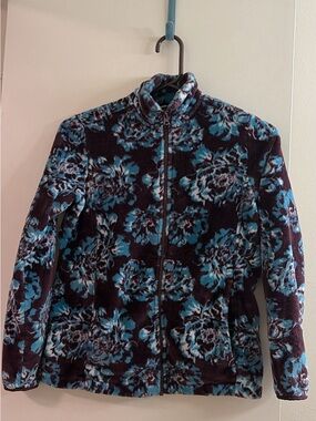 Lands' End Women's Floral Zip-Up Teddy Jacket - Blue on Dark
